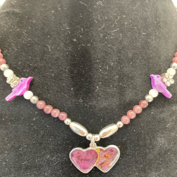 Vintage Amethyst Beads and Purple Hearts Necklace with Bird Accents - Picture 2 of 9